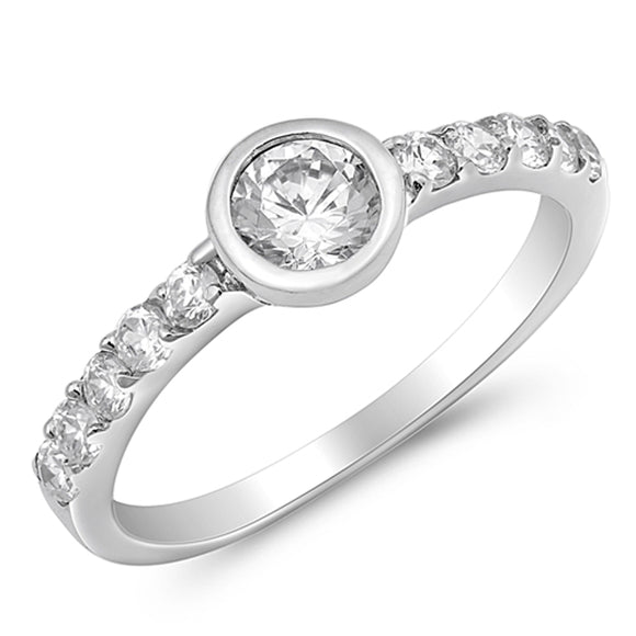 Round White CZ Bezel Set Wedding Ring New .925 Sterling Silver Band Sizes 4-9