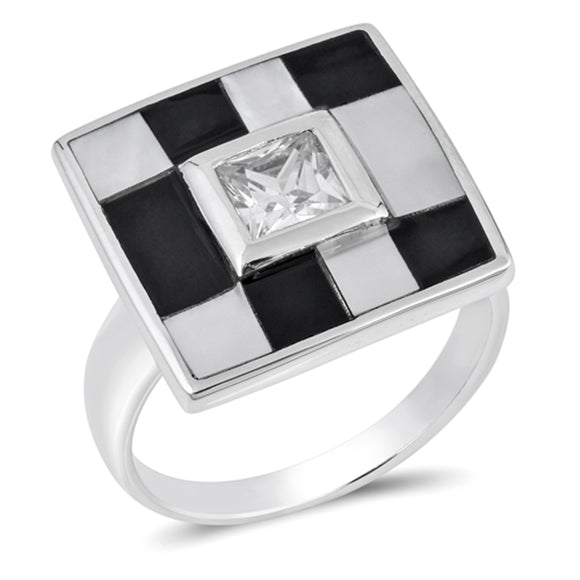 White CZ Checkerboard Grid Solitaire Ring .925 Sterling Silver Band Sizes 6-9