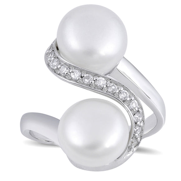 Clear CZ Freshwater Pearl Infinity Wave Ring 925 Sterling Silver Band Sizes 5-9