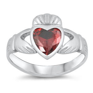 Garnet CZ Claddagh Heart Promise Ring New .925 Sterling Silver Band Sizes 4-10