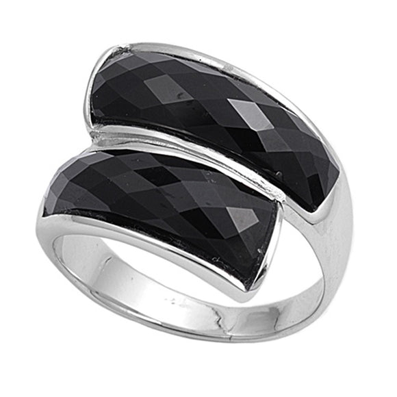 Black CZ Faceted Bar Wave Criss Cross Ring .925 Sterling Silver Band Sizes 6-10