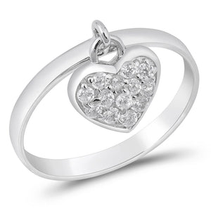 Sterling Silver Woman's White CZ Dangling Heart Charm Ring Band 11mm Sizes 3-13