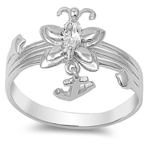 Clear CZ Fashion Butterfly Hanging Anchor Ring Sterling Silver Band Sizes 4-9