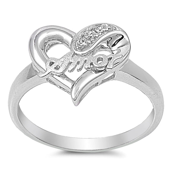 Clear CZ Amor Love Spanish Heart Promise Ring Sterling Silver Band Sizes 4-10