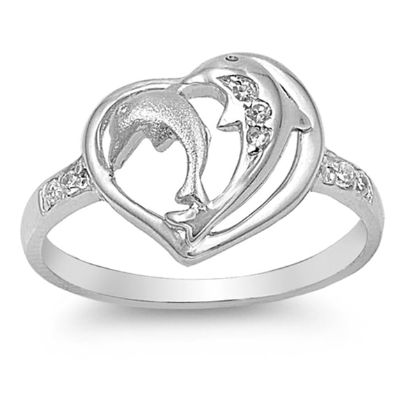White CZ Beautiful Dolphin Heart Ring New .925 Sterling Silver Band Sizes 4-9