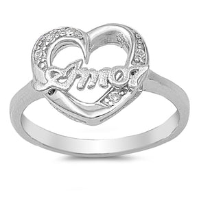 Clear CZ Spanish Amor Heart Love Promise Ring Sterling Silver Band Sizes 4-9