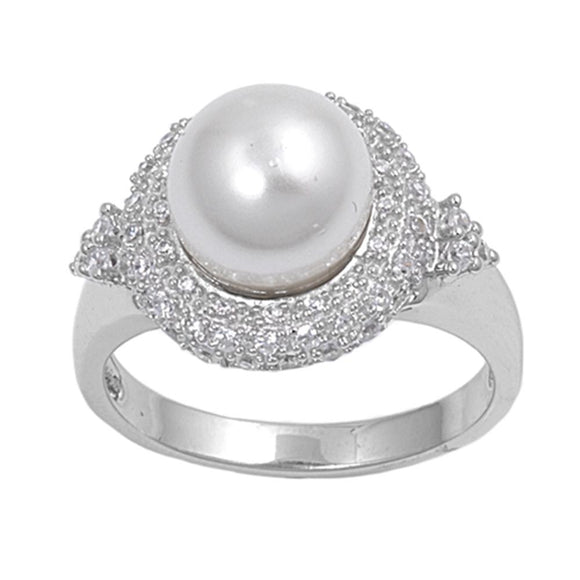 Clear CZ Freshwater Pearl Halo Cluster Ring .925 Sterling Silver Band Sizes 5-10