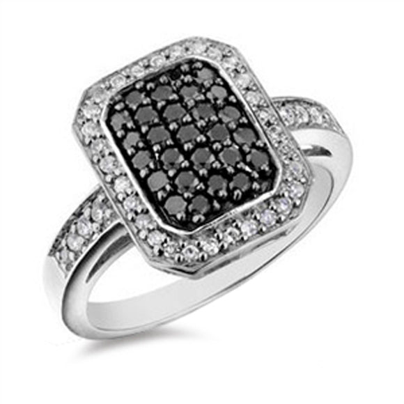 Black CZ Micro Pave Halo Wedding Ring New .925 Sterling Silver Band Sizes 5-10