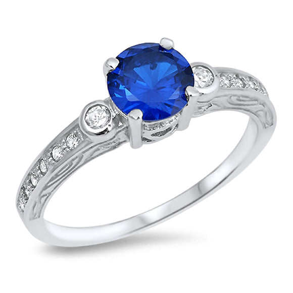 Round Blue Sapphire CZ Solitaire Ring New .925 Sterling Silver Band Sizes 4-9