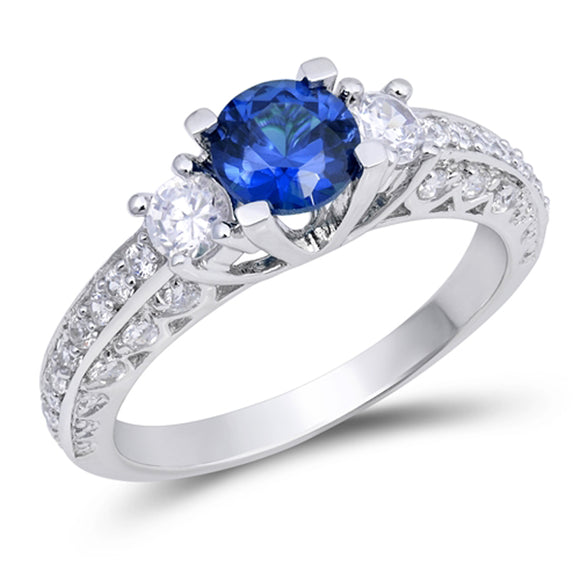Round Blue Sapphire CZ Bridal Engagement Ring Sterling Silver Band Sizes 4-10