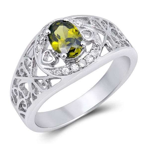 Oval Olive CZ Filigree Heart Cutout Ring New 925 Sterling Silver Band Sizes 4-9