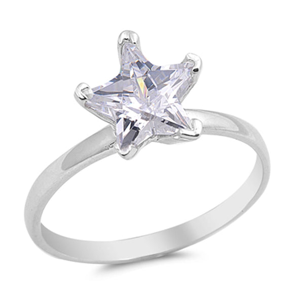 White CZ Star Solitaire Fashion Ring New .925 Sterling Silver Band Sizes 4-11