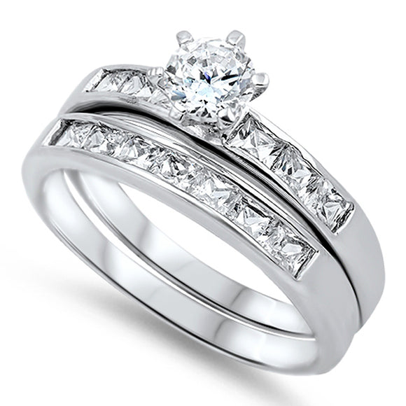 Sterling Silver Custom Engagement Ring Wedding Band Bridal Set CZ Sizes 4-12