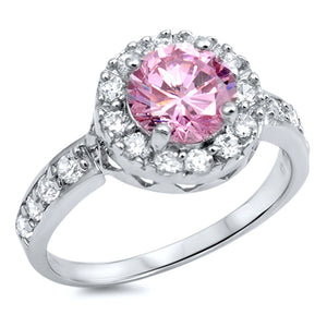 Solitaire Halo Pink CZ Wedding Ring New .925 Sterling Silver Band Sizes 4-10