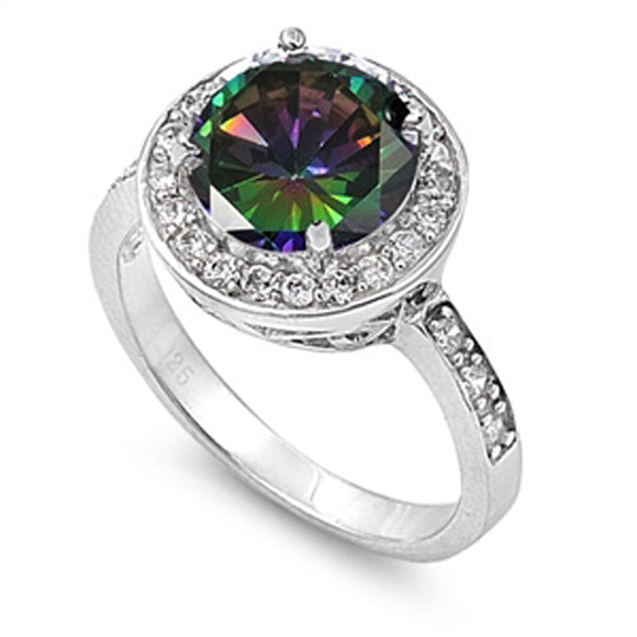 Women's Rainbow Topaz CZ Halo Promise Ring .925 Sterling Silver Band Sizes 5-10
