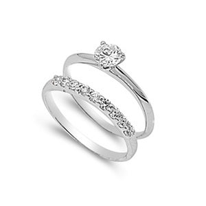 Sterling Silver Engagement Ring Wedding Band Bridal Set Clear CZ Sizes 5-10