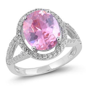 Pink CZ Unique Polished Oval Solitaire Ring .925 Sterling Silver Band Sizes 5-10