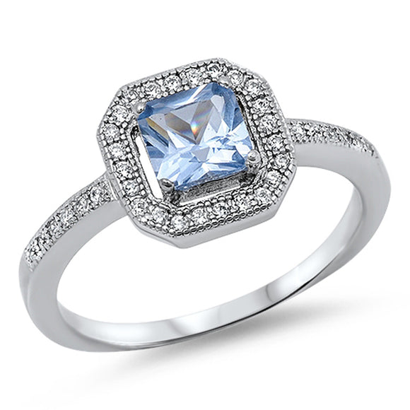 Women's Aquamarine CZ Halo Wedding Ring New .925 Sterling Silver Band Sizes 5-10