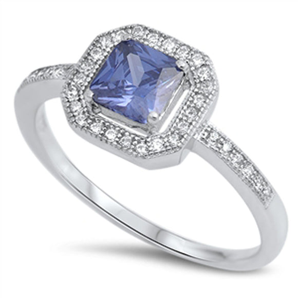 Blue Sapphire CZ Halo Promise Wedding Ring .925 Sterling Silver Band Sizes 5-11