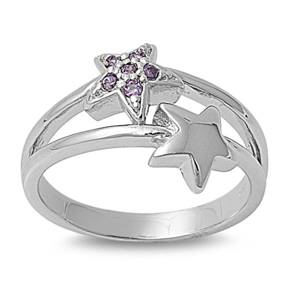 Amethyst CZ Polished Star Unique Ring New .925 Sterling Silver Band Sizes 5-9