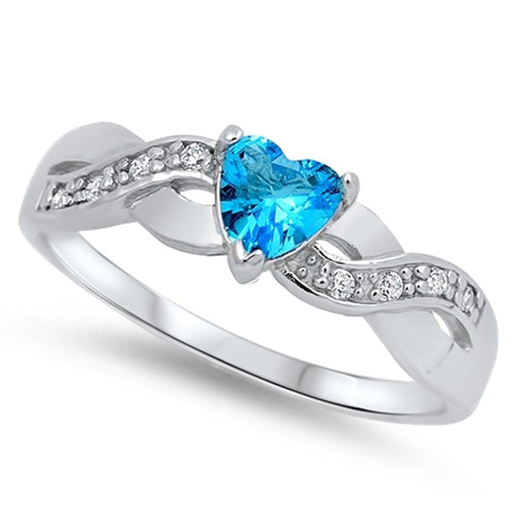 Heart Aquamarine CZ Unique Ring .925 Sterling Silver Infinity Knot Sizes 4-12