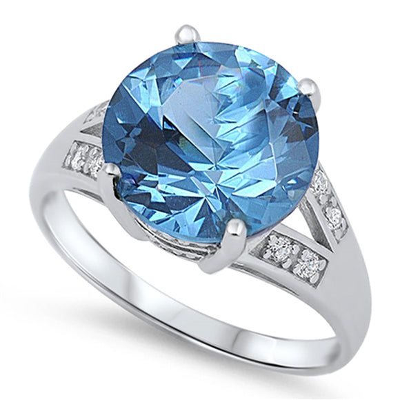 Aquamarine CZ Solitaire Polished Elegant Ring Sterling Silver Band Sizes 6-10