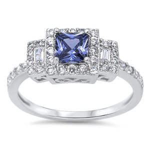 Square Aquamarine CZ Halo Wedding Ring New .925 Sterling Silver Band Sizes 4-12
