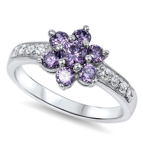 Sterling Silver Woman's Amethyst CZ Flower Ring Unique 925 Band 11mm Sizes 3-11