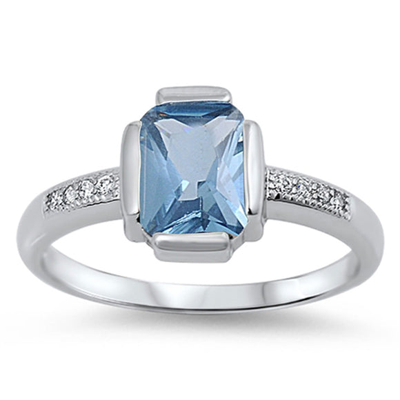 Aquamarine CZ Polished Unique Solitaire Ring 925 Sterling Silver Band Sizes 5-10