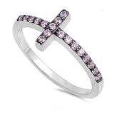 Pink CZ Sideways Cross Ring New .925 Sterling Silver Christian Band Sizes 4-10