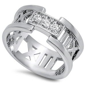 Men's Women's Roman Number Clear CZ Ring New 925 Sterling Silver Band Sizes 5-11