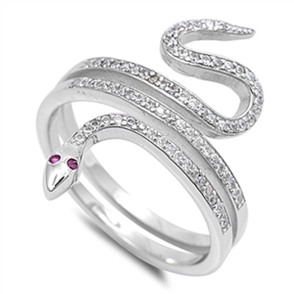 Women's Snake White CZ Red Eye Ring New .925 Sterling Silver Band Sizes 5-10