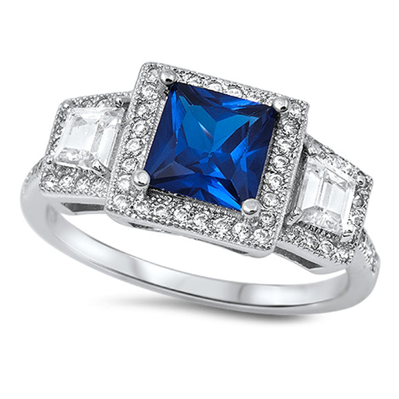 Square Blue Sapphire CZ Halo Wedding Ring .925 Sterling Silver Band Sizes 4-11