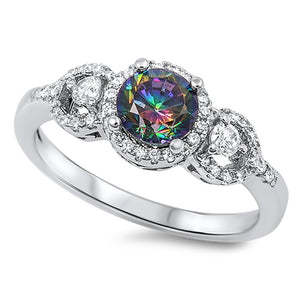 Rainbow Topaz CZ Halo Wedding Promise Ring .925 Sterling Silver Band Sizes 5-10