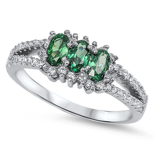 Triple Oval Emerald CZ Polished Halo Ring .925 Sterling Silver Band Sizes 4-12