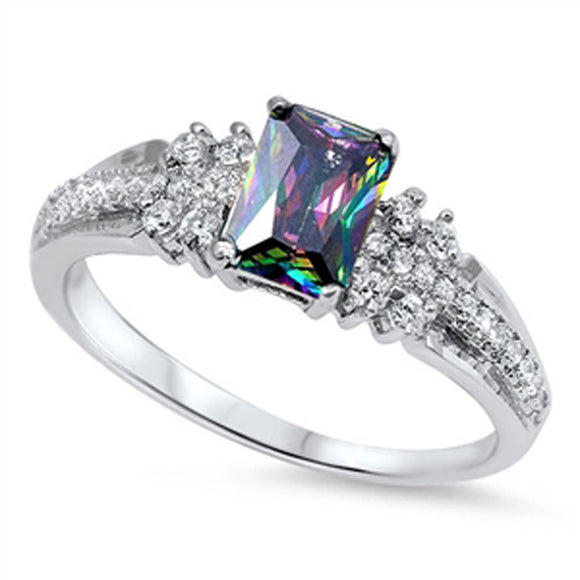 Emerald Cut Rainbow Topaz CZ Wedding Ring .925 Sterling Silver Band Sizes 4-11