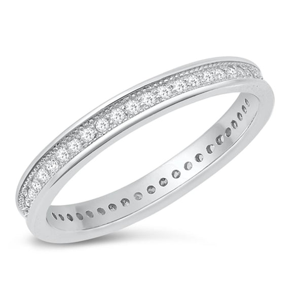Eternity Clear CZ Polished Ring .925 Sterling Silver Stackable Band Sizes 5-10