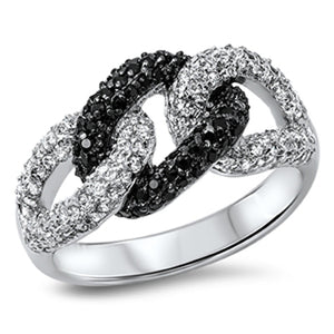 Interlocking Chain Links White Black CZ Ring New .925 Sterling Silver Sizes 5-10