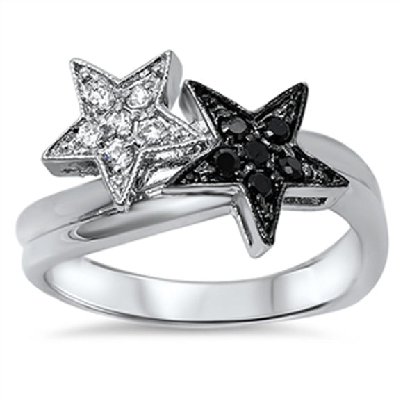Women's White Black CZ Stars Unique Ring New 925 Sterling Silver Band Sizes 5-10
