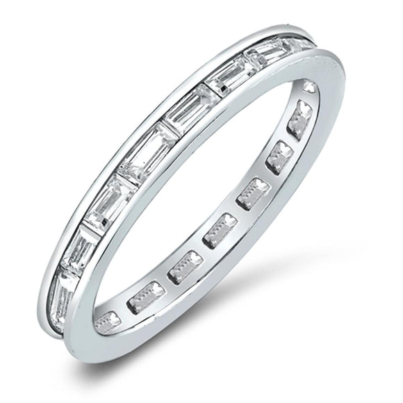 Emerald Cut Eternity Stackable Band Clear CZ Ring 925 Sterling Silver Sizes 4-10