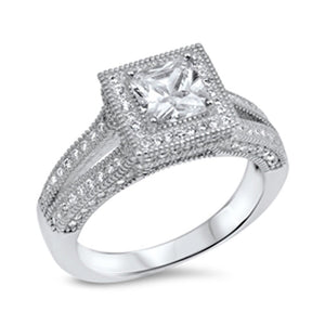 Princess Cut Solitaire White Halo CZ Wedding Ring 925 Sterling Silver Sizes 5-10