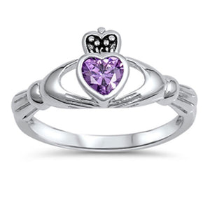Love Amethyst CZ Heart Claddagh Ring New .925 Sterling Silver Band Sizes 4-12