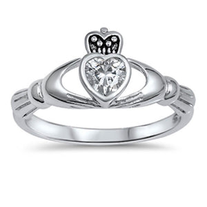 Friendship Heart White CZ Claddagh Ring New .925 Sterling Silver Band Sizes 4-10