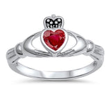 Friendship Ruby CZ Claddagh Heart Ring New .925 Sterling Silver Band Sizes 4-10