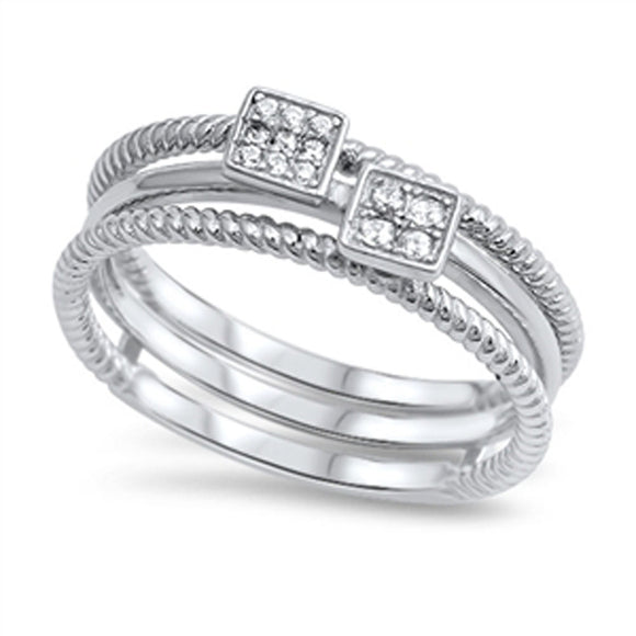 Square Clear CZ Stackable Ring New 925 Sterling Silver Bali Rope Band Sizes 5-10