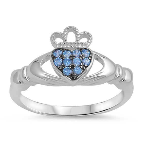 Aquamarine CZ Claddagh Heart Friendship Ring 925 Sterling Silver Band Sizes 4-10