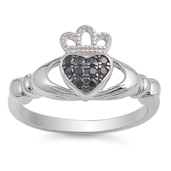 Claddagh Heart Black CZ Friendship Ring New .925 Sterling Silver Band Sizes 4-10