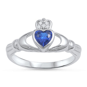 Claddagh Blue Sapphire CZ Heart Friendship Ring .925 Sterling Silver Sizes 4-10