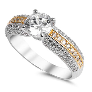 Gold Tone Solitaire Clear CZ Wedding Ring .925 Sterling Silver Band Sizes 5-10