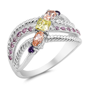 Multicolor CZ Wave Rope Polished Ring New .925 Sterling Silver Band Sizes 5-10